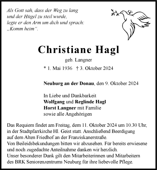 Traueranzeige von Christiane Hagl von Neuburger Rundschau