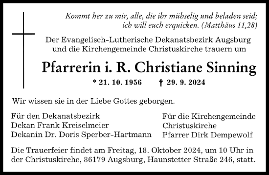 Traueranzeige von Christiane Sinning von Augsburger Allgemeine