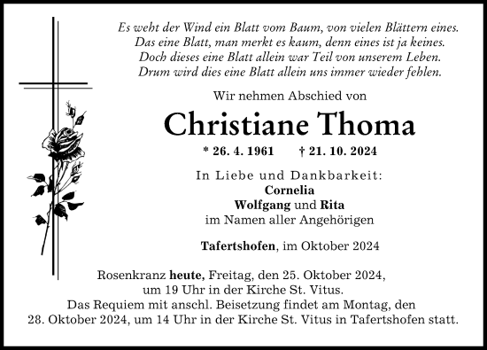 Traueranzeige von Christiane Thoma von Mittelschwäbische Nachrichten, Illertisser Zeitung