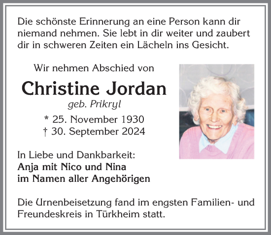 Traueranzeige von Christine Jordan von Mindelheimer Zeitung