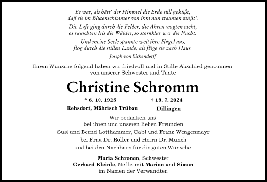 Traueranzeige von Christine Schromm von Donau Zeitung