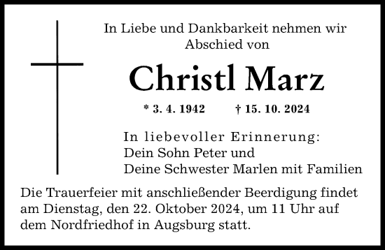 Traueranzeige von Christl Marz von Augsburger Allgemeine