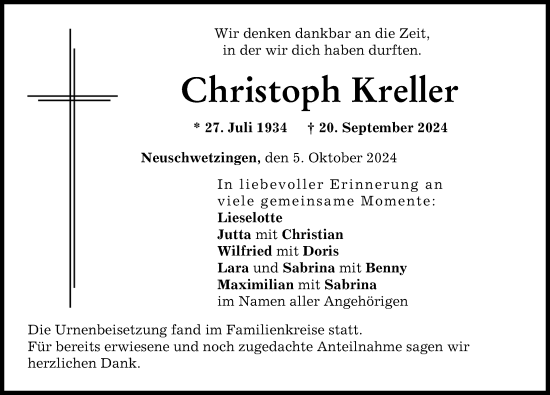 Traueranzeige von Christoph Kreller von Neuburger Rundschau
