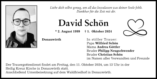 Traueranzeige von David Schön von Donauwörther Zeitung