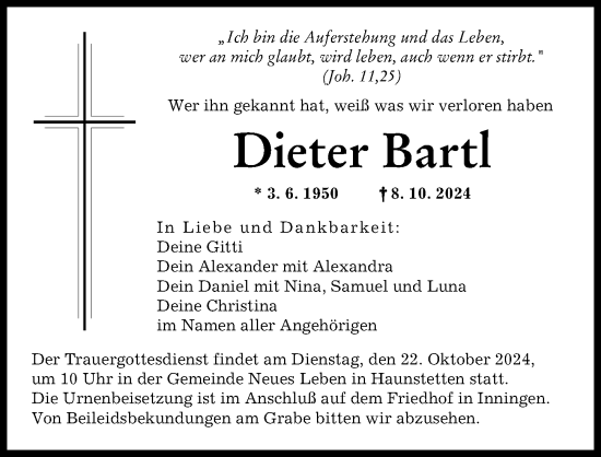 Traueranzeige von Dieter Bartl von Augsburger Allgemeine