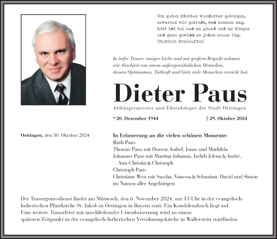 Traueranzeige von Dieter Paus von Rieser Nachrichten