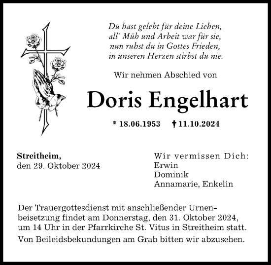 Traueranzeige von Doris Engelhart von Augsburger Allgemeine