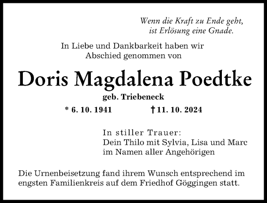Traueranzeige von Doris Magdalena Poedtke von Augsburger Allgemeine