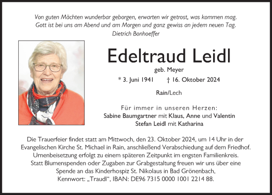 Traueranzeige von Edeltraud Leidl von Neuburger Rundschau, Donauwörther Zeitung
