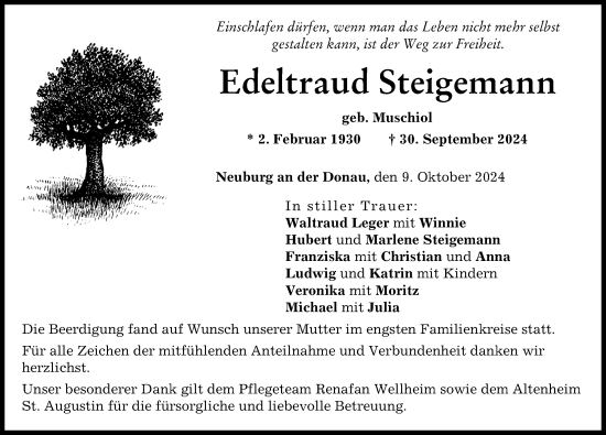Traueranzeige von Edeltraud Steigemann von Neuburger Rundschau