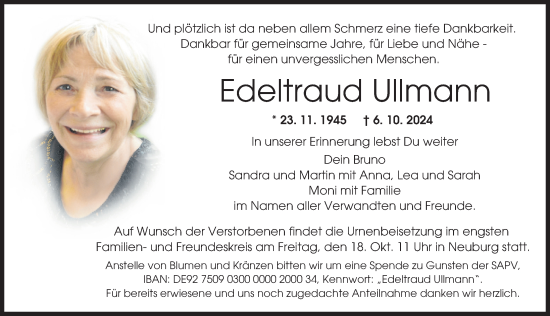 Traueranzeige von Edeltraud Ullmann von Aichacher Nachrichten