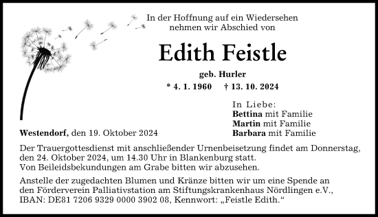 Traueranzeige von Edith Feistle von Wertinger Zeitung, Augsburg-Land