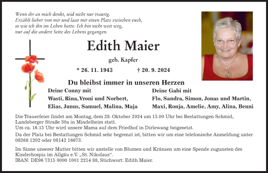 Traueranzeige von Edith Maier von Mindelheimer Zeitung