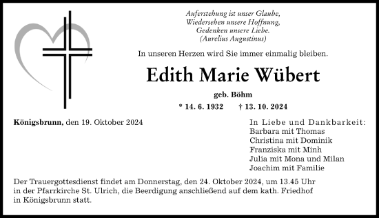 Traueranzeige von Edith Wübert von Augsburger Allgemeine