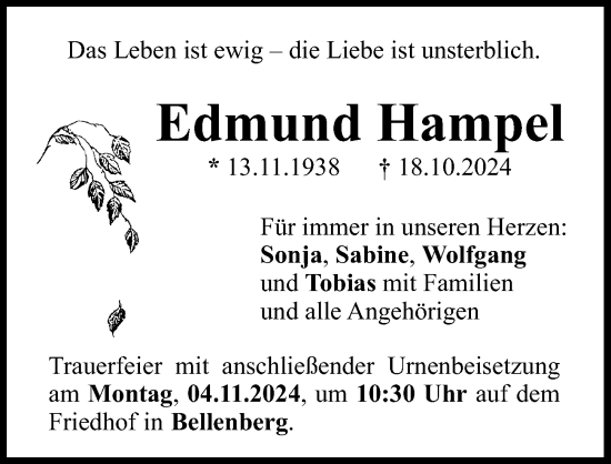 Traueranzeige von Edmund Hampel von Illertisser Zeitung