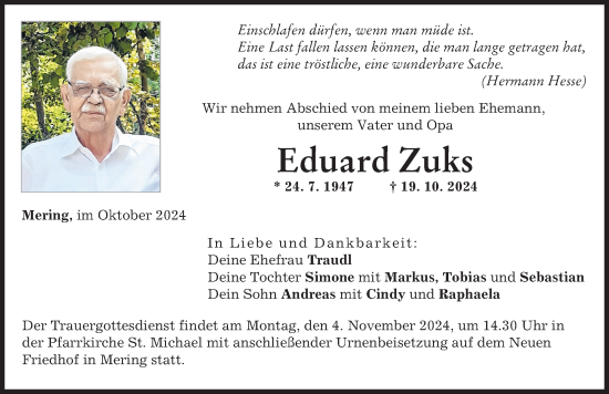 Traueranzeige von Eduard Zuks von Friedberger Allgemeine