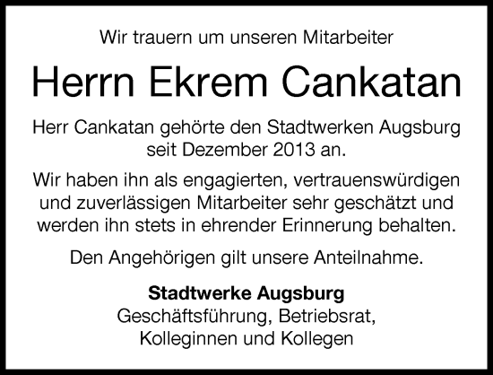 Traueranzeige von Ekrem Cankatan von Augsburger Allgemeine