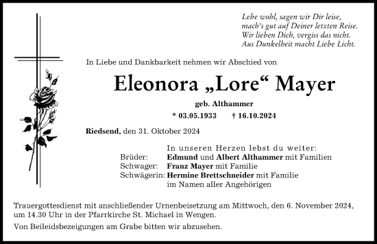 Traueranzeige von Eleonora  Mayer von Wertinger Zeitung