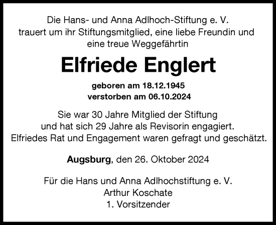 Traueranzeige von Elfriede Englert von Augsburger Allgemeine