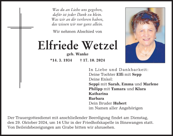 Traueranzeige von Elfriede Wetzel von Wertinger Zeitung