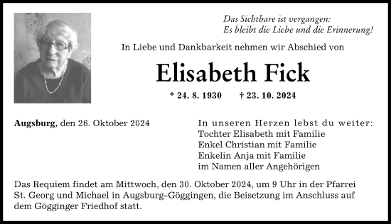 Traueranzeige von Elisabeth Fick von Augsburger Allgemeine
