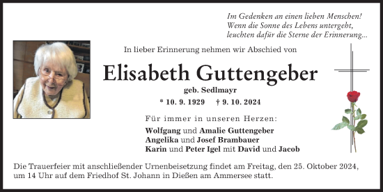 Traueranzeige von Elisabeth Guttengeber von Ammersee Kurier