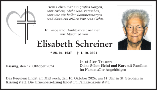 Traueranzeige von Elisabeth Schreiner von Friedberger Allgemeine