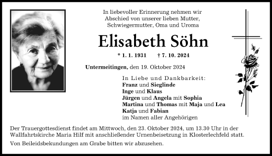 Traueranzeige von Elisabeth Söhn von Schwabmünchner Allgemeine