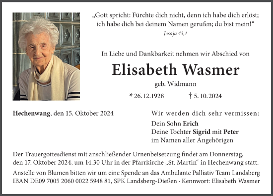 Traueranzeige von Elisabeth Wasmer von Landsberger Tagblatt