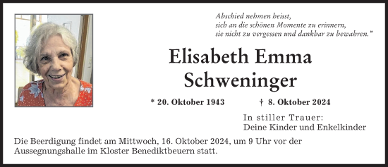 Traueranzeige von Elisabeth Emma Schweninger von Landsberger Tagblatt