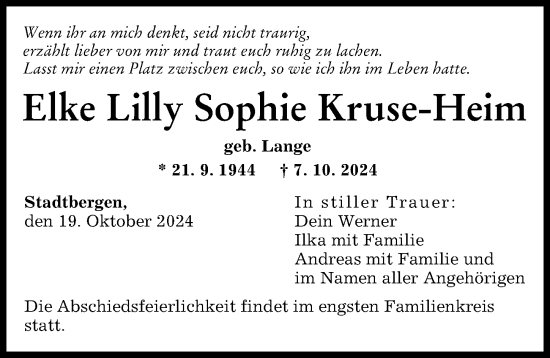 Traueranzeige von Elke Kruse-Heim von Augsburger Allgemeine
