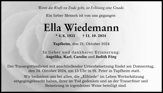 Traueranzeige von Ella Wiedemann von Donauwörther Zeitung