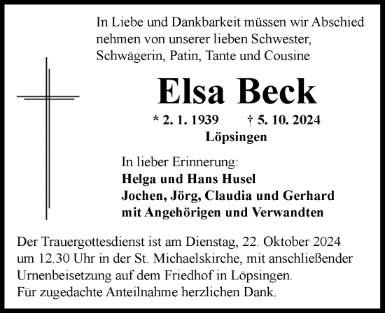 Traueranzeige von Elsa Beck von Rieser Nachrichten