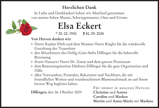 Traueranzeige von Elsa Eckert von Donau Zeitung