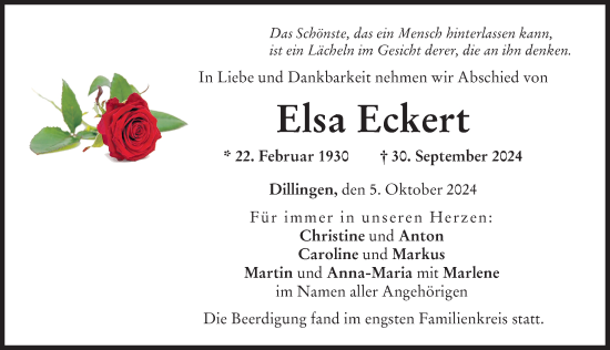 Traueranzeige von Elsa Eckert von Donau Zeitung