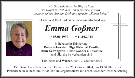 Traueranzeige von Emma Goßner von Mittelschwäbische Nachrichten