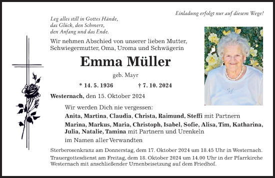Traueranzeige von Emma Müller von Mindelheimer Zeitung