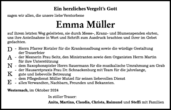 Traueranzeige von Emma Müller von Mindelheimer Zeitung