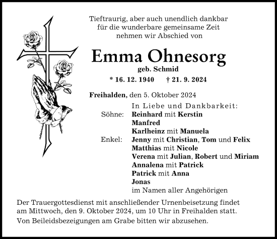 Traueranzeige von Emma Ohnesorg von Günzburger Zeitung
