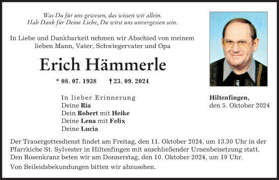 Traueranzeige von Erich Hämmerle von Schwabmünchner Allgemeine