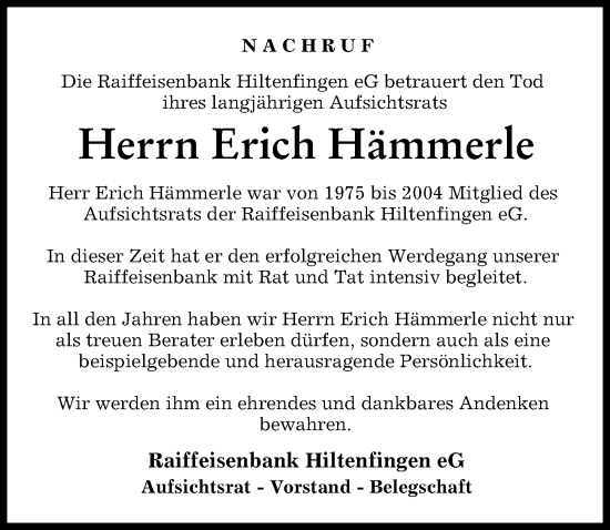 Traueranzeige von Erich Hämmerle von Schwabmünchner Allgemeine