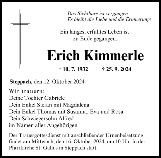 Traueranzeige von Erich Kimmerle von Augsburger Allgemeine