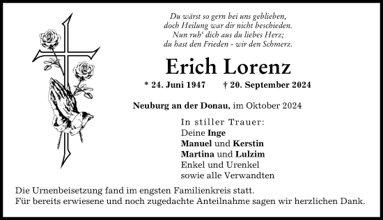 Traueranzeige von Erich Lorenz von Neuburger Rundschau