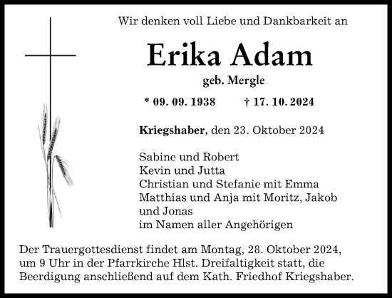 Traueranzeige von Erika Adam von Augsburger Allgemeine