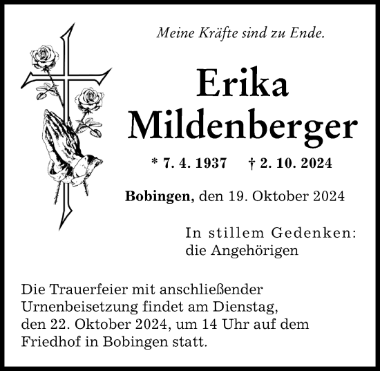Traueranzeige von Erika Mildenberger von Schwabmünchner Allgemeine