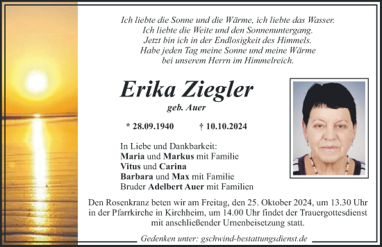 Traueranzeige von Erika Ziegler von Mindelheimer Zeitung