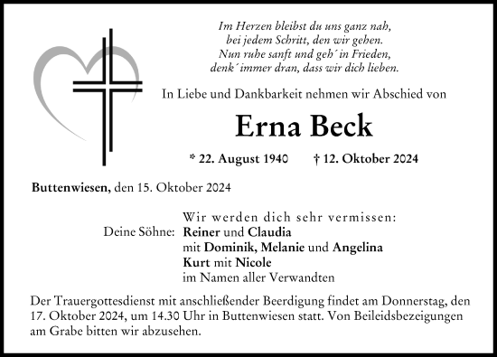 Traueranzeige von Erna Beck von Wertinger Zeitung