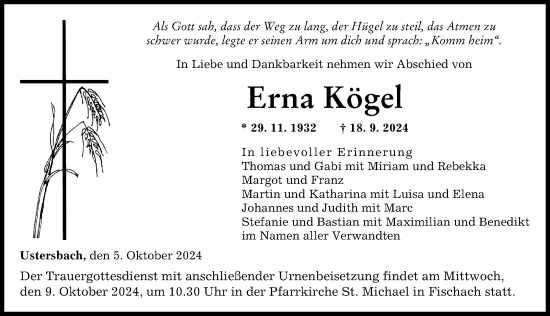 Traueranzeige von Erna Kögel von Augsburger Allgemeine