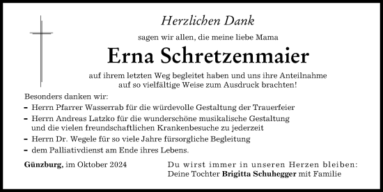 Traueranzeige von Erna Schretzenmaier von Günzburger Zeitung