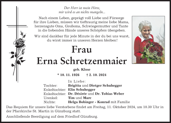 Traueranzeige von Erna Schretzenmaier von Günzburger Zeitung